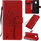 Voor Xiaomi Redmi Note 9 Pro Tree & Cat reliÃ«fpatroon Horizontale flip lederen tas met houder & kaartsleuven & portemonnee & lanyard (rood)