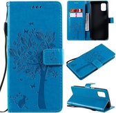 Voor Samsung Galaxy M51 Tree & Cat Pattern Pressed Printing Horizontale Flip PU Leather Case met houder & kaartsleuven & portemonnee & Lanyard (blauw)