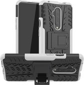 Voor OnePlus 7T Pro Tyre Texture Shockproof TPU + PC beschermhoes met houder (wit)