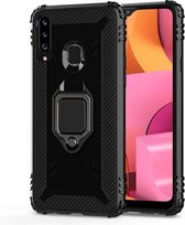 Voor Galaxy A20s koolstofvezel beschermhoes met 360 graden roterende ringhouder (zwart)