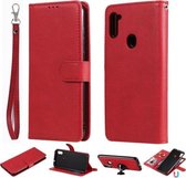 Voor Samsung Galaxy M11 / A11 2 in 1 effen kleur afneembare PU lederen tas met kaartsleuven & magnetische houder & fotolijst & portemonnee & riem (rood)