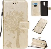 Voor Xiaomi Redmi 8 Boom & Kat Patroon Geperst Afdrukken Horizontale Flip PU Lederen Case met Houder & Kaartsleuven & Portemonnee & Lanyard (Goud)