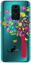 Voor Xiaomi Redmi Note 9 schokbestendig geverfd transparant TPU beschermhoes (boom en kat)