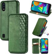 Voor Samsung Galaxy M01 Cubic Grid Pressed Horizontal Flip Magnetic Leather Case met houder & kaartsleuven & portemonnee (groen)