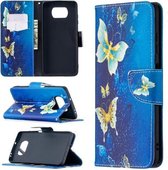 Voor Xiaomi Mi Poco X3 Gekleurde tekening patroon Horizontale flip lederen tas met houder & kaartsleuven & portemonnee (gouden vlinder)