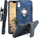 Voor iPhone XR 3 in 1 kubus PC + TPU beschermhoes met 360 graden draaien zilveren ringhouder (marineblauw)
