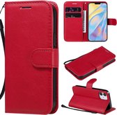 Voor iPhone 12 effen kleur horizontale flip beschermende lederen tas met houder & kaartsleuven & portemonnee & fotolijst & lanyard (rood)