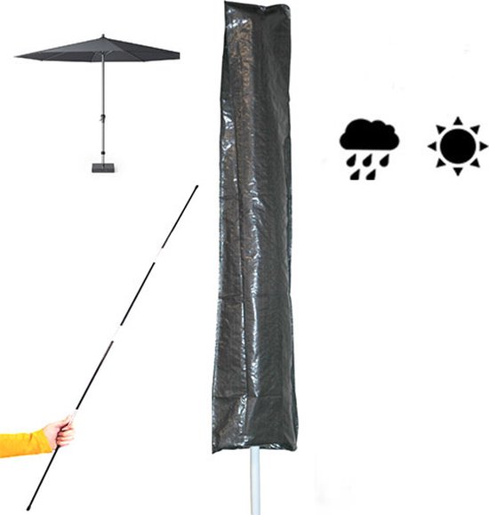 Grijze parasolhoes in de vorm van een stokparasol, met stok en icoontjes voor regen en zon.