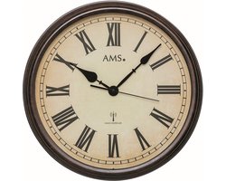 AMS F5977 - Wandklok - Analoog - Rond - Metaal - Mineraal Glas - Radiogestuurde tijdsaanduiding - Romeinse Cijfers - Bruin