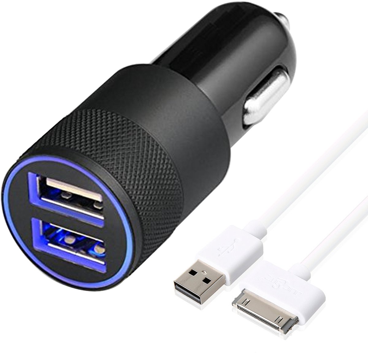 MMOBIEL High Speed Autolader Oplaad Adapter (ZWART) - 2 USB Poorten 2.1A + 1.0A - incl. 30 Pins Kabel (WIT)