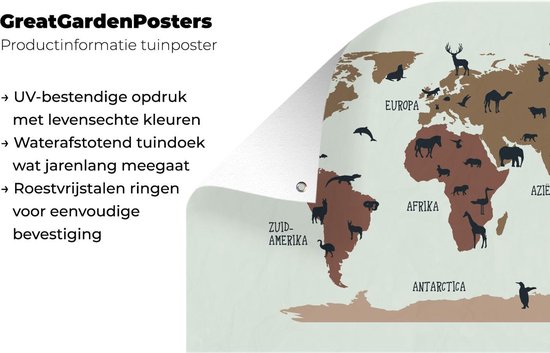 Carte du monde simple avec des animaux aux couleurs flexa Poster de jardin 180x120 cm XXL / Groot format!