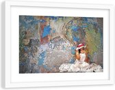 Foto in frame , Vrouw met witte jurk en hoed ,120x80cm , multikleur , wanddecoratie