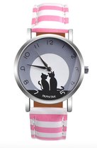 Hidzo Horloge Paphitak Katten - ø 37 mm - Roze/Wit Strepen - Kunstleer