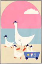 JUNIQE - Poster met kunststof lijst Geese on Vacation -60x90 /Blauw &