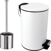 Badkamer/toilet set pedaalemmer en toiletborstel wit / RVS - prullenbakje en wc borstel