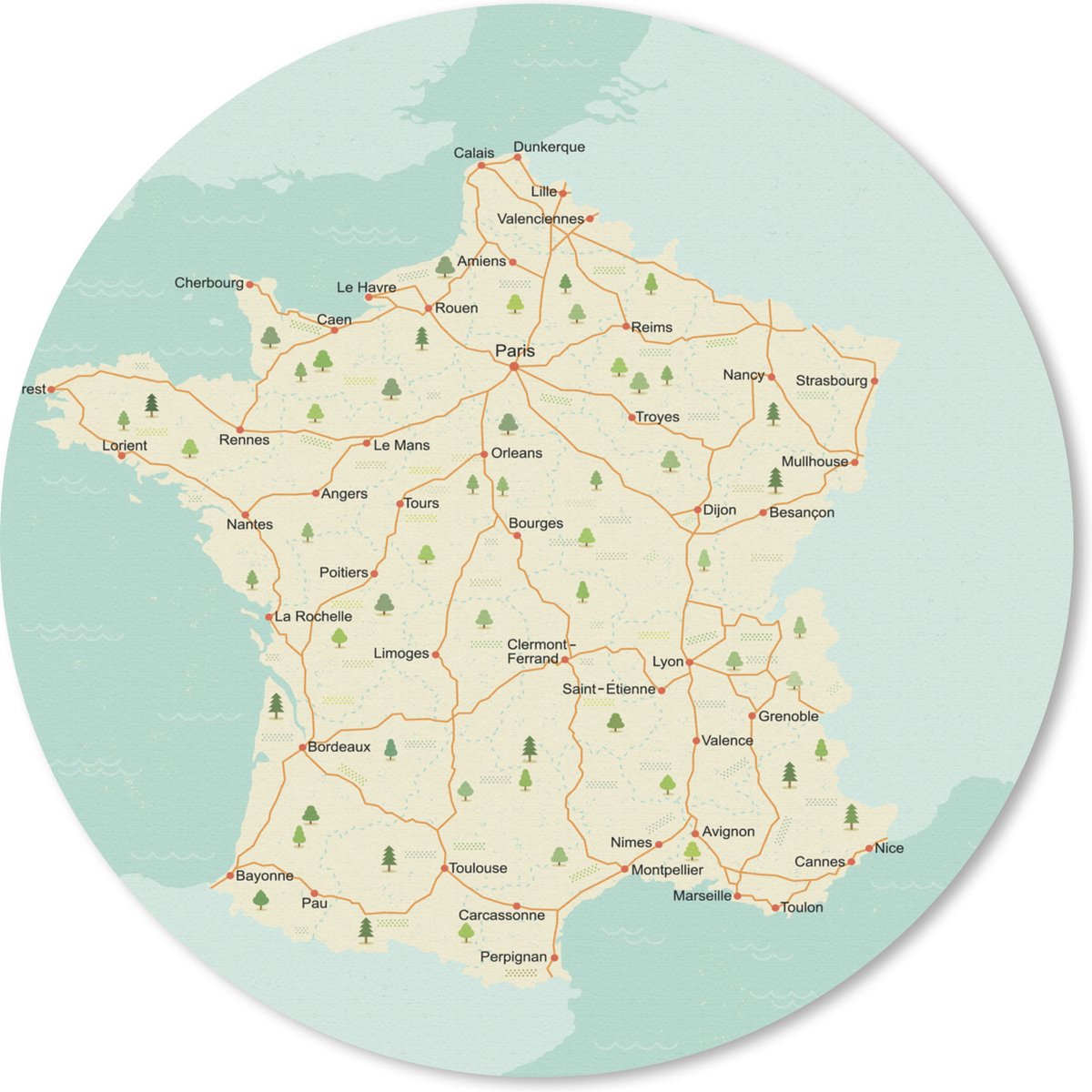 Muismat Kaart Frankrijk - Wegenkaart van Frankrijk Muismat rond - 30x30 cm - Muismat met foto