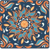 Muismat Vierkant patroon 1:1 - Vierkant patroon op een donkere achtergrond met een blauw en oranje bloem en versieringen muismat rubber - 20x20 cm - Muismat met foto