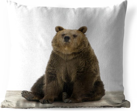 Sierkussen Animalprintshop voor buiten - Zittende beer dierenprint - 50x50 cm - vierkant weerbestendig tuinkussen / tuinmeubelkussen van polyester