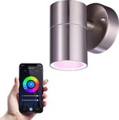 Hoftronic Smart Mason - Smart wandlamp voor buiten - RVS - Besturing via app - WiFi - Bluetooth - Dimbaar - Slimme verlichting - 5.5 Watt - 400 lumen - 230V - RGBWW - Verwisselbare GU10 - Moderne muurlamp - Wandspot - Muurlamp