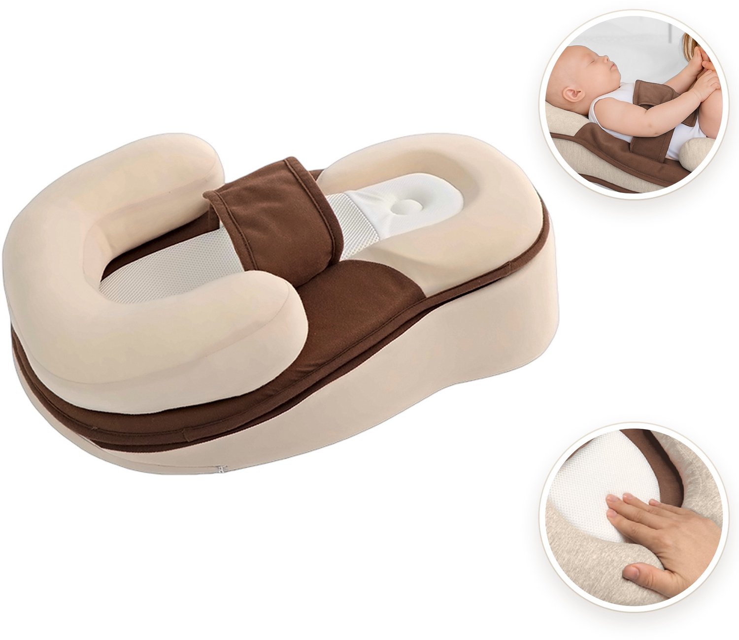 Babynestje - Anti Reflux - Steunkussen met Wasbare Hoes - Incl. Matras - 0-6 Maanden - 60×40×18 cm - Crème/Bruin - STARSTEPS®