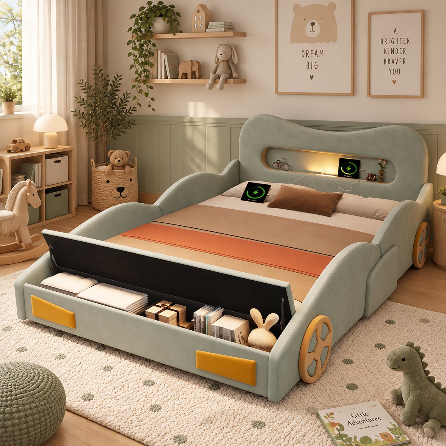 PHOEBE CAT Kinderbed - 140 x 200 cm - Auto - Met verlichting - Oplaadaansluiting - Opbergruimte - Velvet - Groen