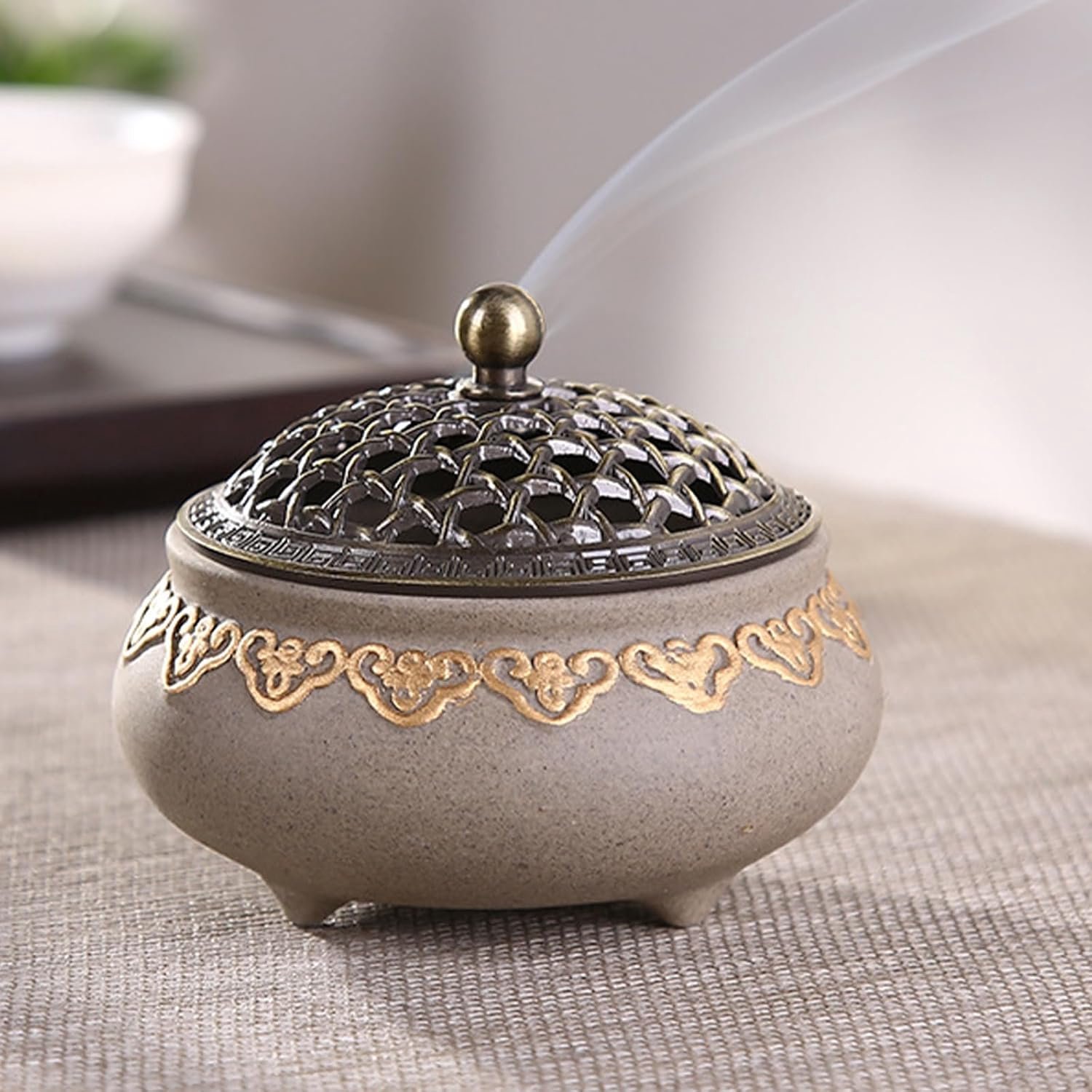 Wierookbrander 10 cm x 8 cm - Vintage keramisch met messing deksel - Ronde Chinese porseleinen schaal - m-winkel