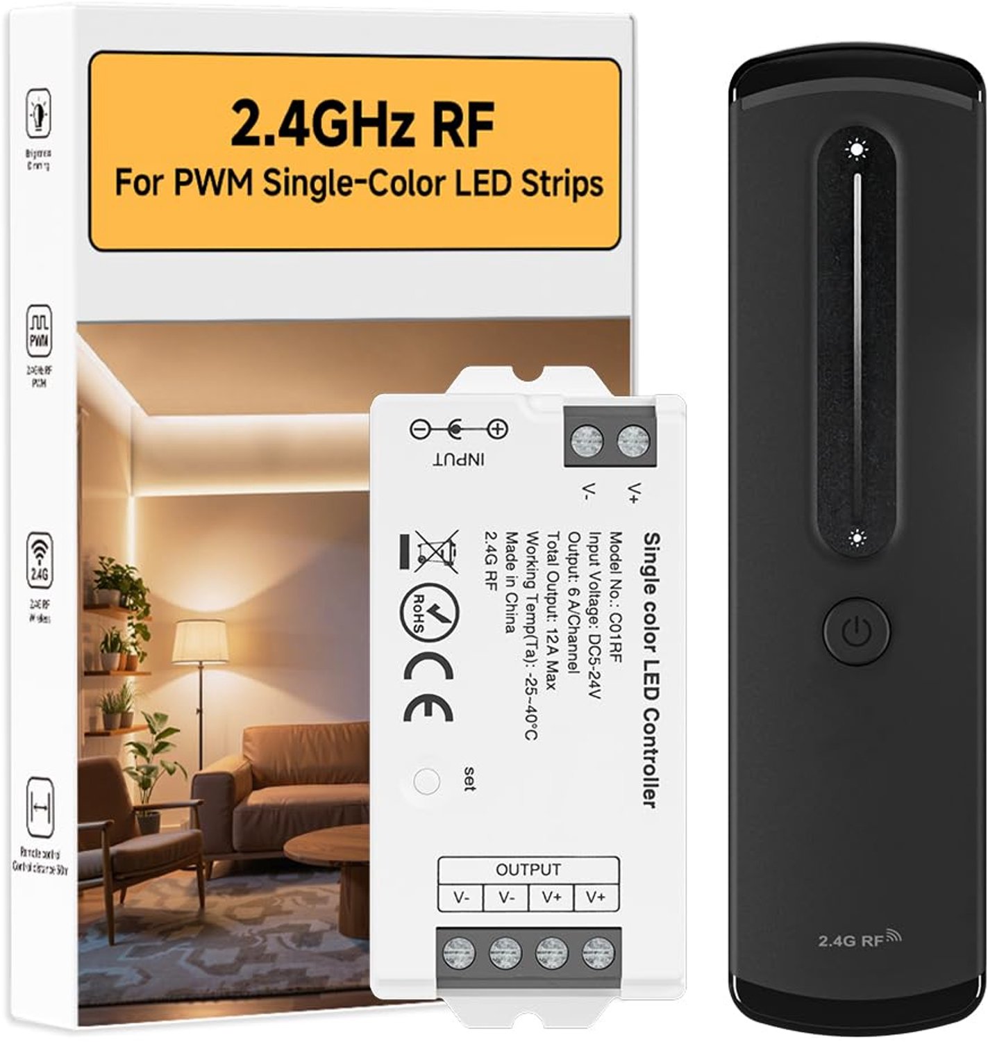RC07RFB+C01RF 2,4GHz RF draadloze controllerkit met magnetische wandmontage voor PWM 2-pins FCOB SMD eenkleurige LED-strips DC5V/12V/24V, vereist GW01W Gateway (apart verkrijgbaar)