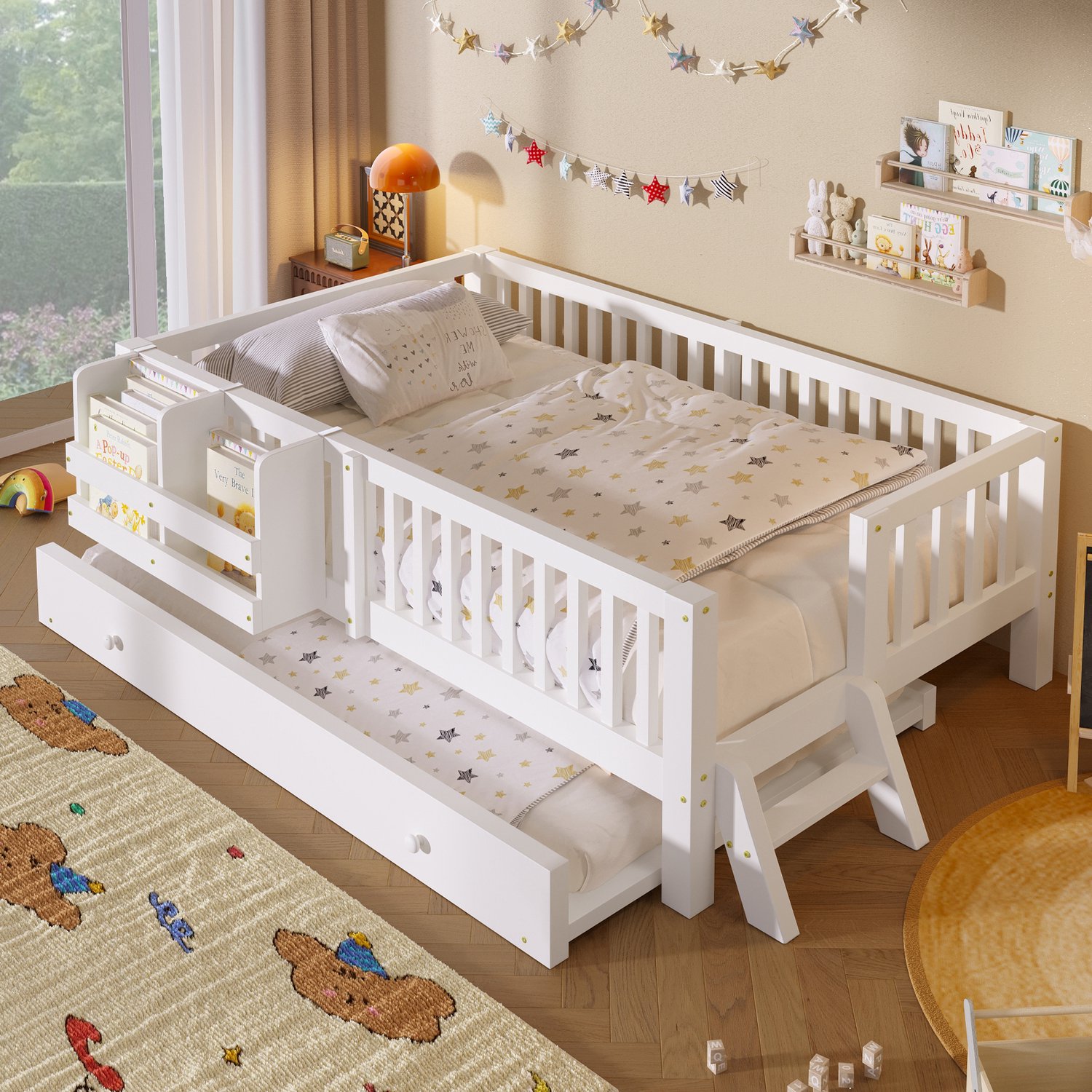 Kinderbed, Eenpersoonsbed, 90x200 Houten platformbed met veiligheidshek en een dagbed, Wit