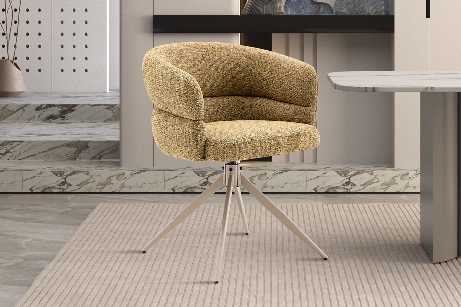 Leonie Draaibare Eetkamerstoel Mosterdgeel – 180° Auto-Return – Beige Metalen Kruispoot