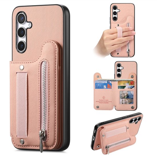 Roze telefoonhoesje met ritsportemonnee, handige ring en diverse weergaven van het hoesje.