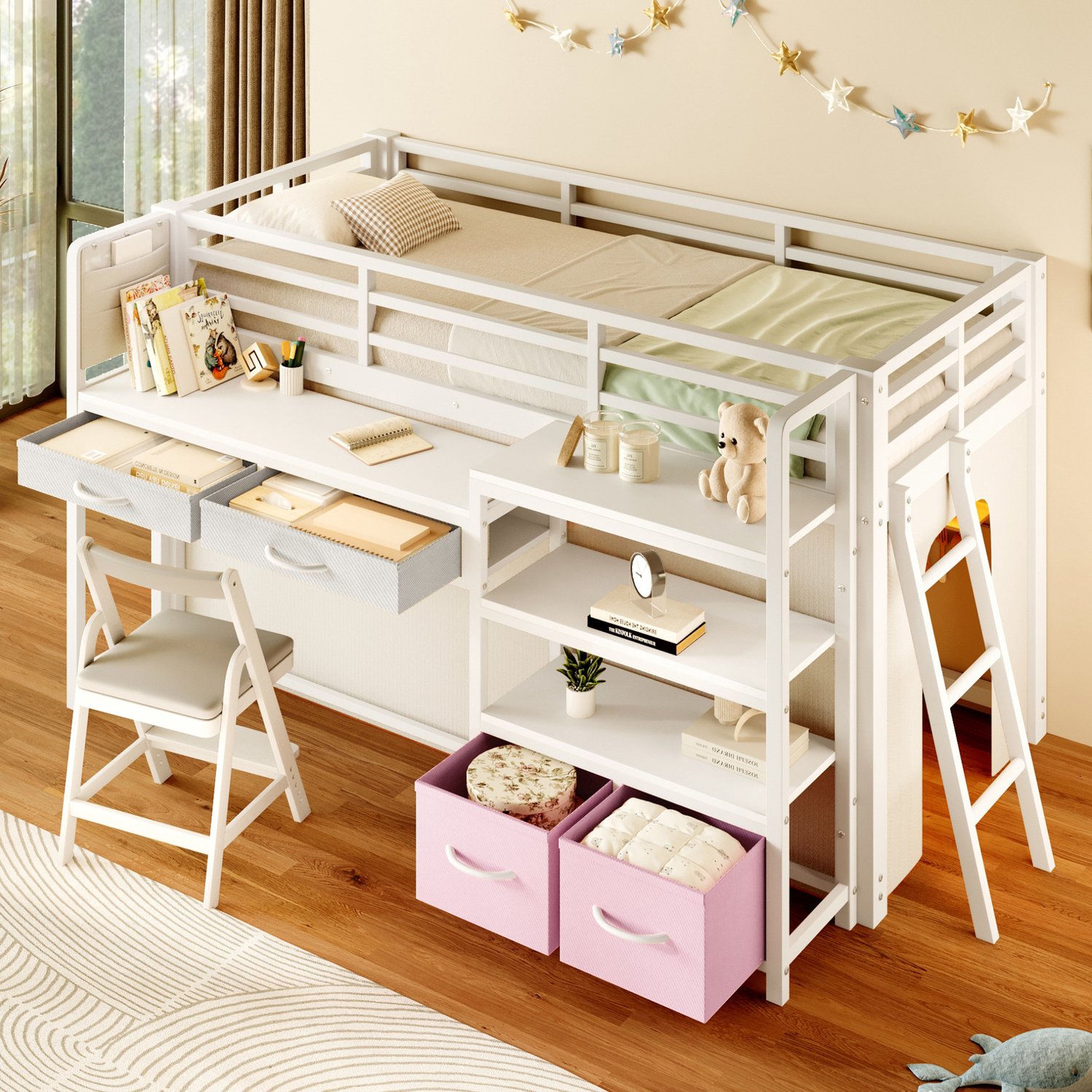 COVREO Hoogslaper met bureau – 90 x 200 cm – Kinderbed met stoffen lades – Metalen frame met LED-licht – Wit - zonder matras