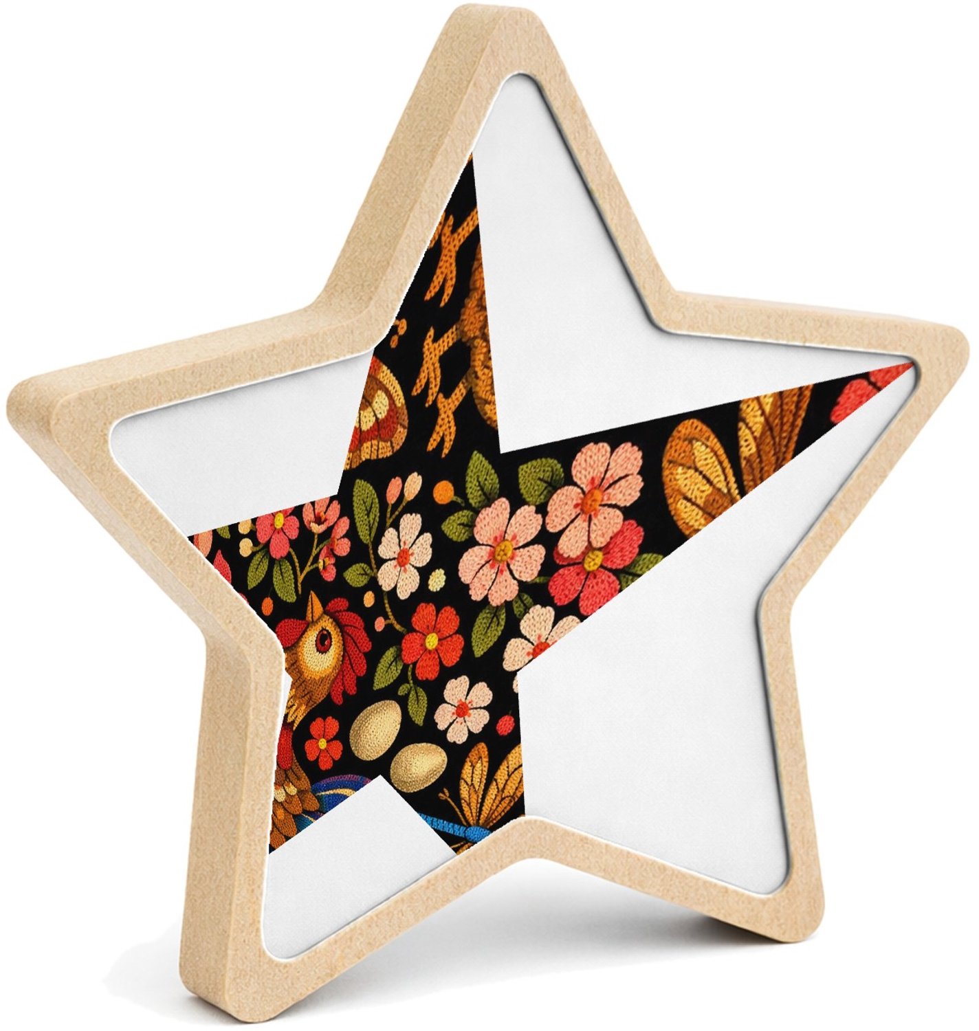 Mr Cadeautjes MDF fotolijst ster 14 x 13,5 - design Een tuinpatroon met vlinders, libellen en bloemen in een han | cadeau Wit