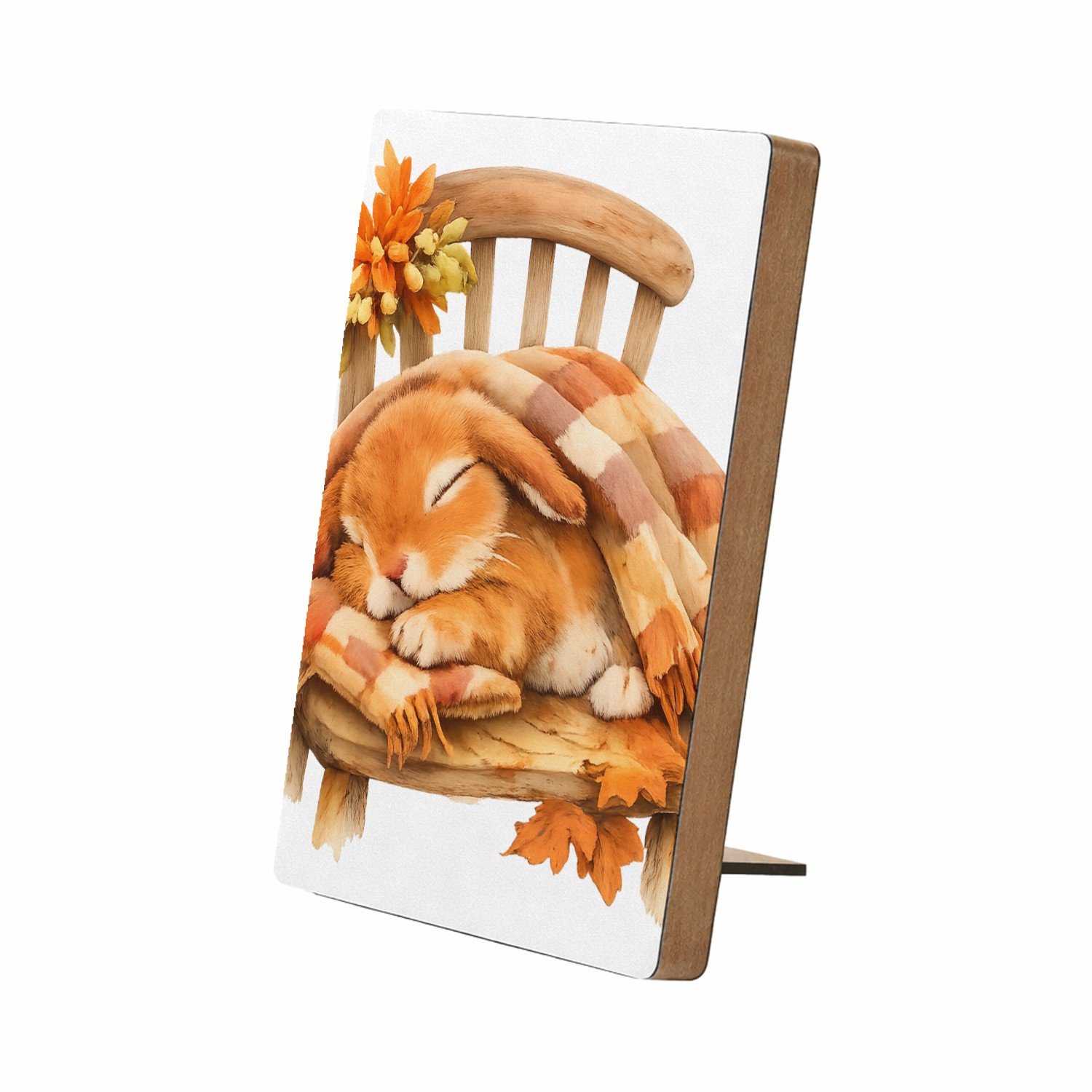 Mr Cadeautjes Glasframe/MDF 12,7 x 17,8 - design Een uitgestrekte konijnendut onder een plaid op een houten s | cadeau Wit