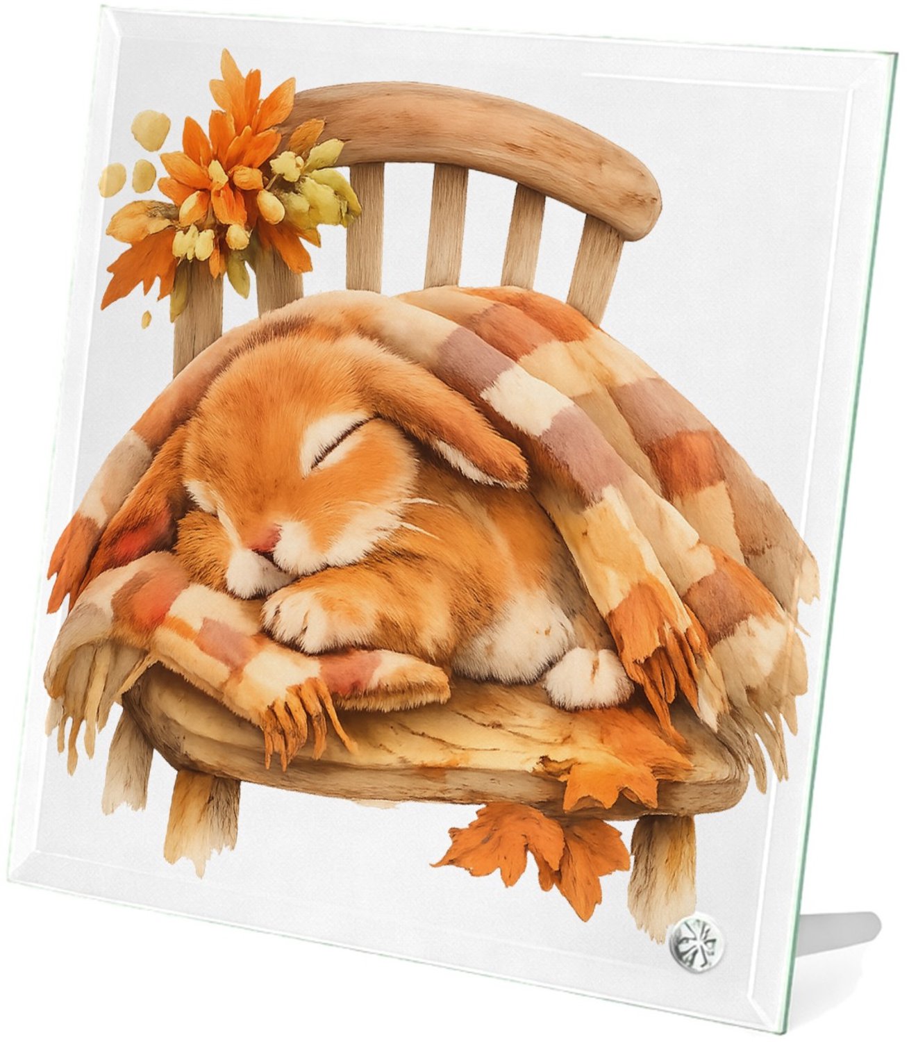Mr Cadeautjes Glasframe 20 x 20 - design Een uitgestrekte konijnendut onder een plaid op een houten s | cadeau Wit