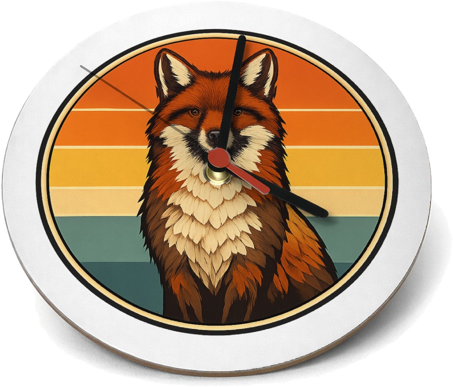 Mr Cadeautjes Klok rond Ø 19 - design Een trotse vos op een ronde achtergrond met zonsondergangban | cadeau Wit