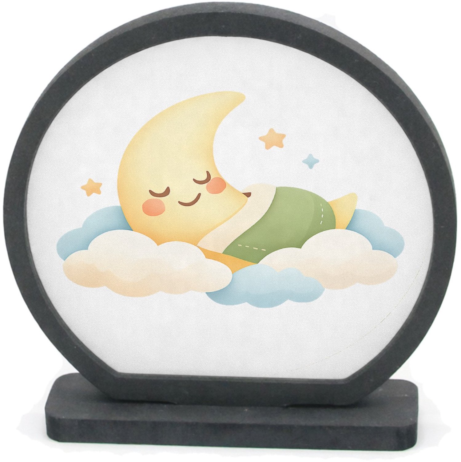Mr Cadeautjes Houten fotolijst rond met MDF inleg - design Een zachte babykamer-sfeer met een slapende maan en wolkjes | cadeau Wit