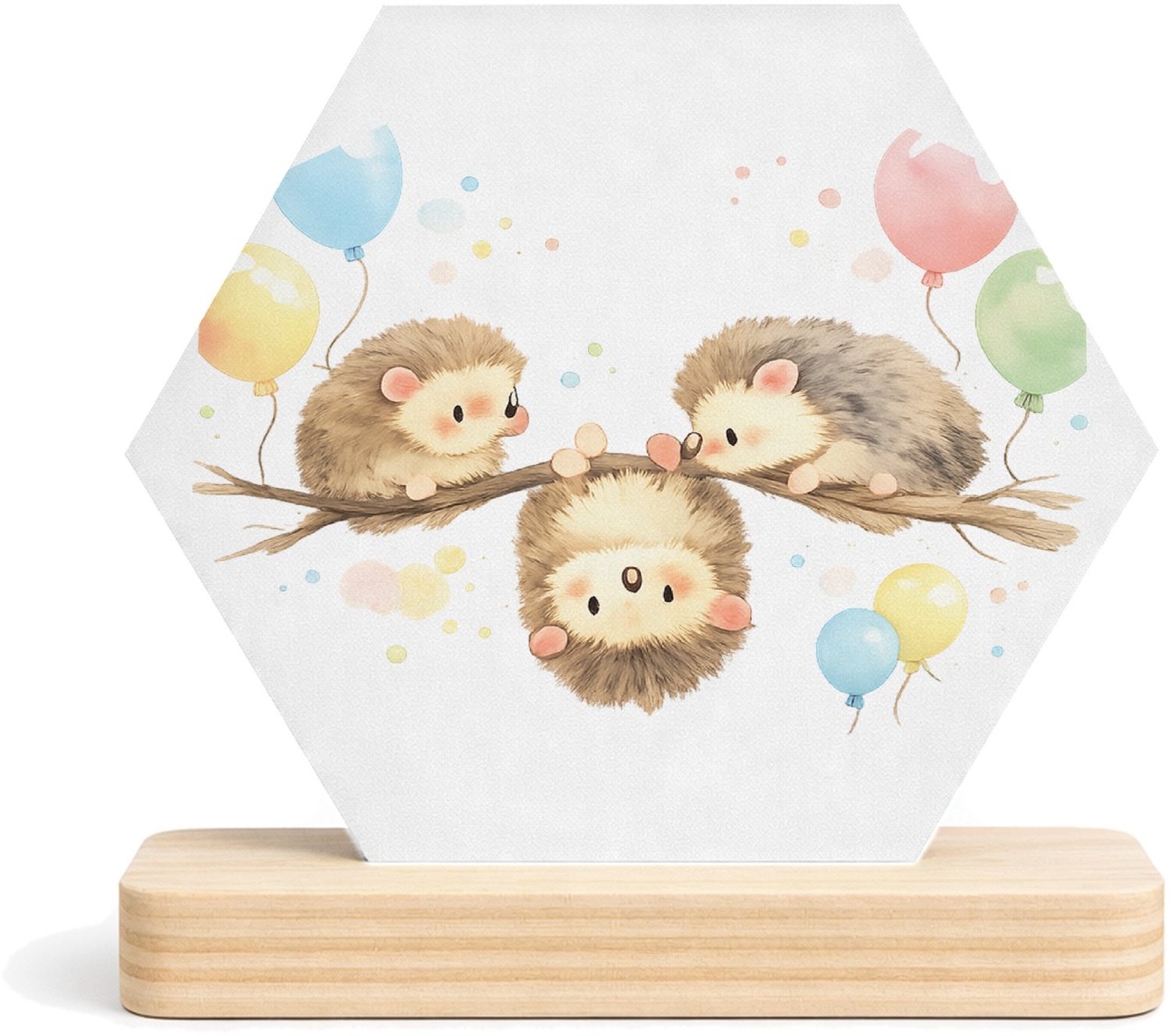 Mr Cadeautjes MDF fotolijst/inleg hexagon 14 x 13 - design Een zachte aquarelillustratie van drie kleine dieren op een | cadeau Wit