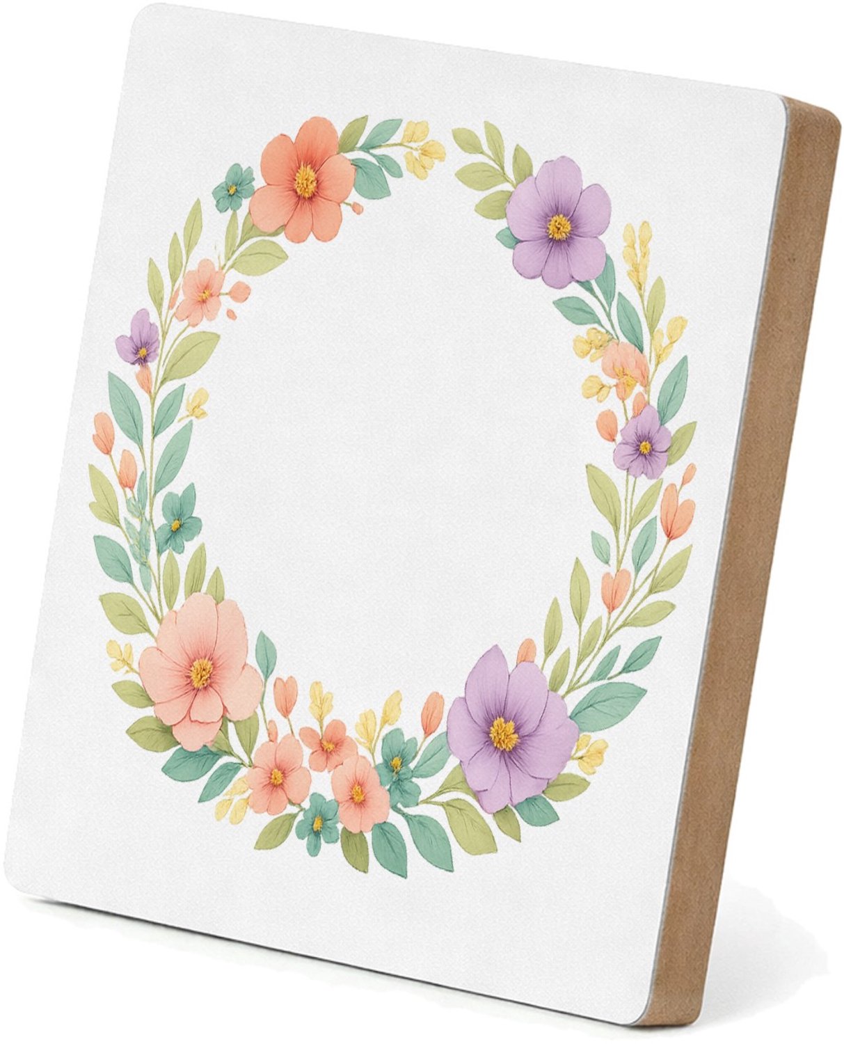 Mr Cadeautjes MDF staande fotolijst 15,2 x 15,2 - design Ronde seizoenskrans met buitenste ring van bladeren en binne | cadeau Wit
