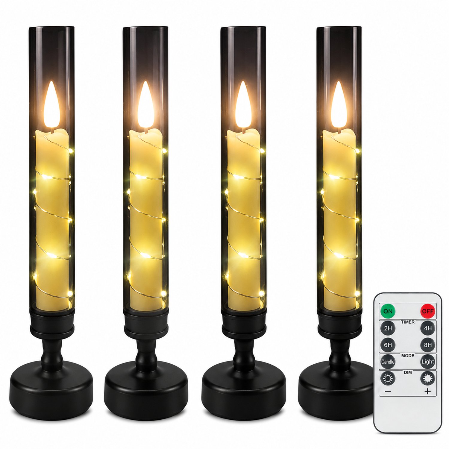 SWGOTA led kaarsen, set van 4 met zwarte kandelaars en kokers, warmwitte draadverlichting en knippereffect, inclusief afstandsbediening met 10 toetsen