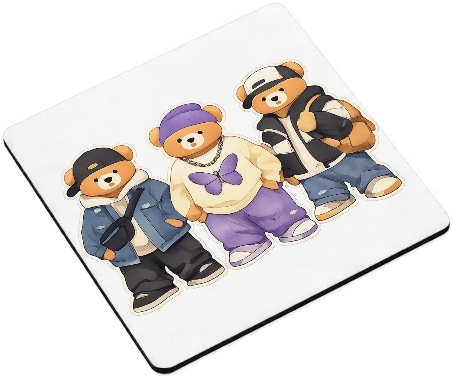 Mr Cadeautjes MDF magnetische fotolijst vierkant 9,5 - design Een trio van konijnen als hippe stadsfiguren met jassen, pet | cadeau Wit