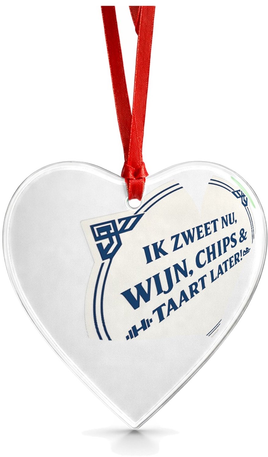 Mr Cadeautjes Glazen hart medium - design Eenvoudige symmetrische cadeautegel met sportieve zelfspot. | cadeau Wit