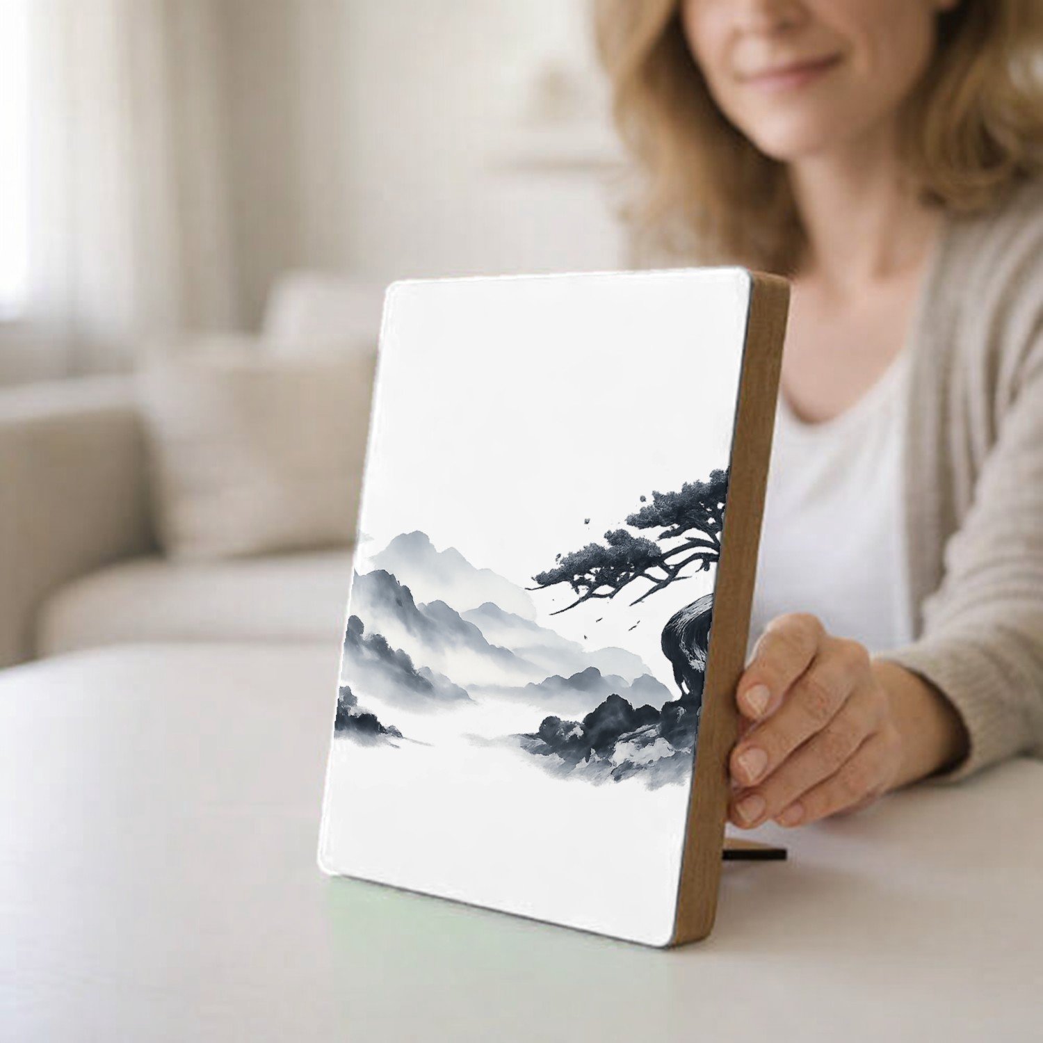 Mr Cadeautjes Glasframe/MDF 12,7 x 17,8 - design Elegante bospaadjes in mist met een enkele kromme den als bl | cadeau Wit