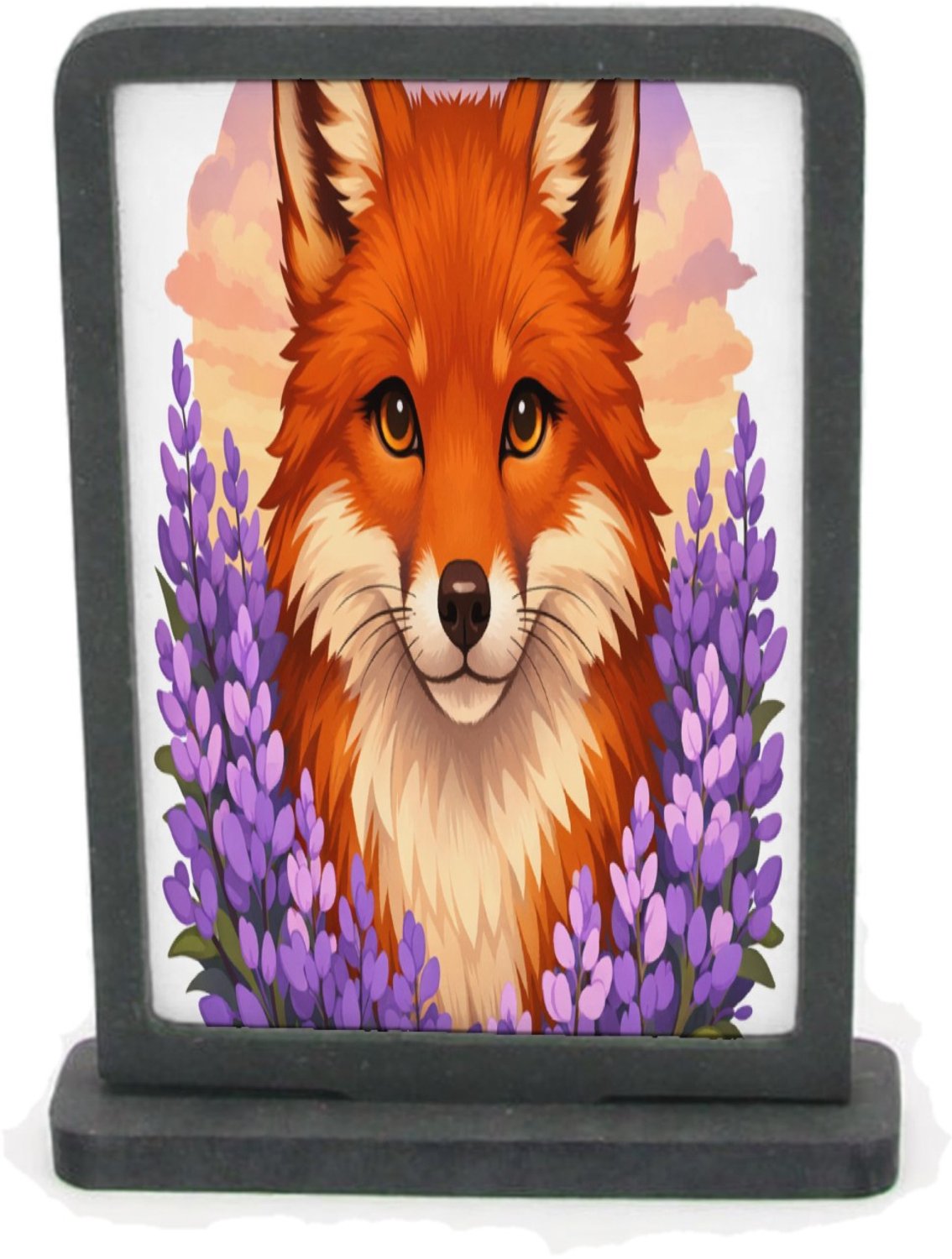 Mr Cadeautjes Houten fotolijst rechthoek met MDF inleg - design Frontaal portret van een vos in een veld van paarse bloemen | cadeau Wit