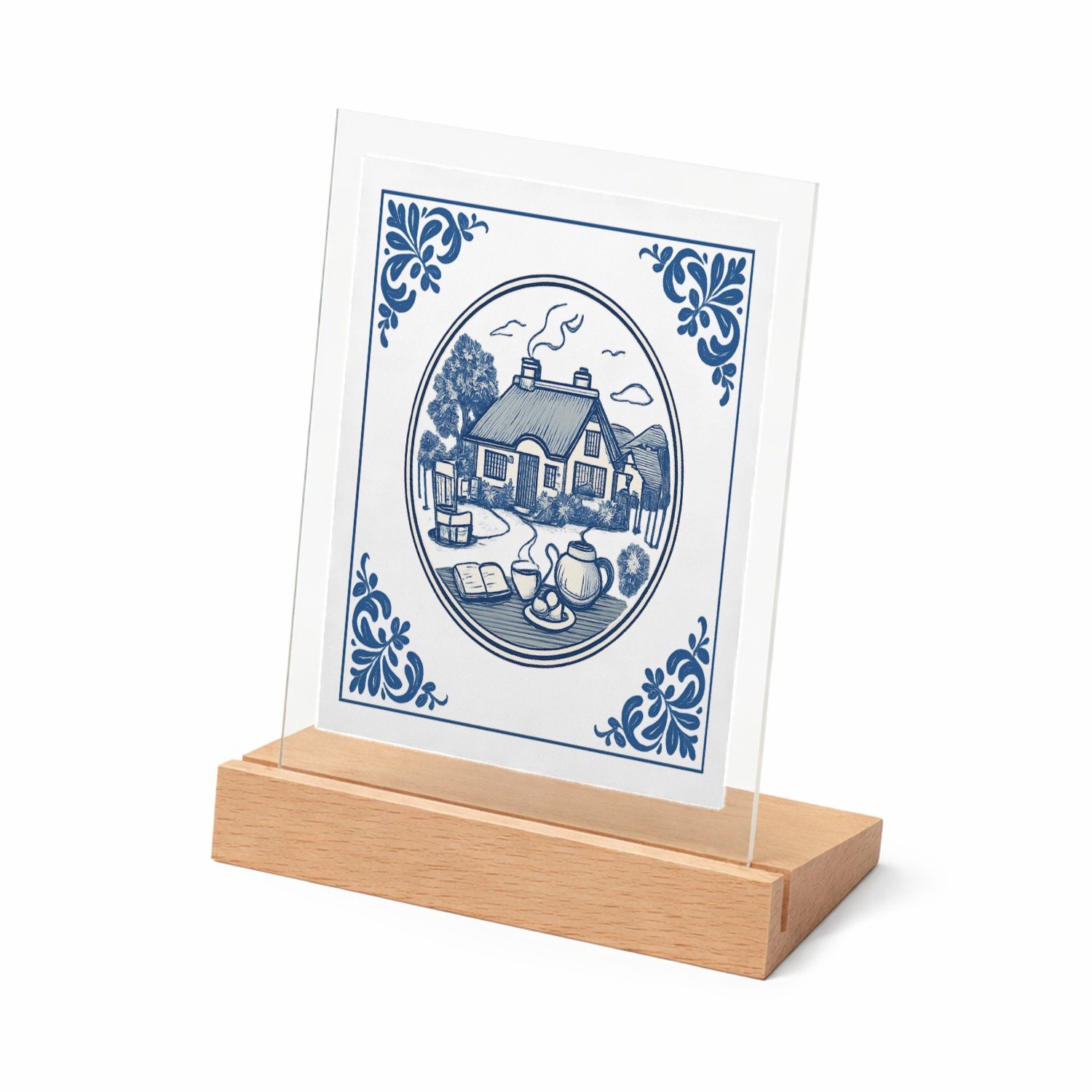 Mr Cadeautjes Glasframe met vaste tekst - design Rond kader met botanische hoekdecoraties en een warme woonte | cadeau Wit