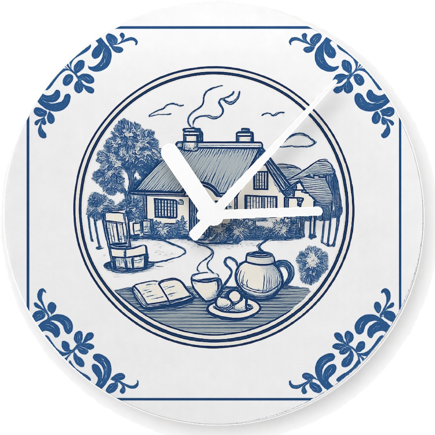 Mr Cadeautjes Glazen klok Ø 20 - design Rond kader met botanische hoekdecoraties en een warme woonte | cadeau Wit