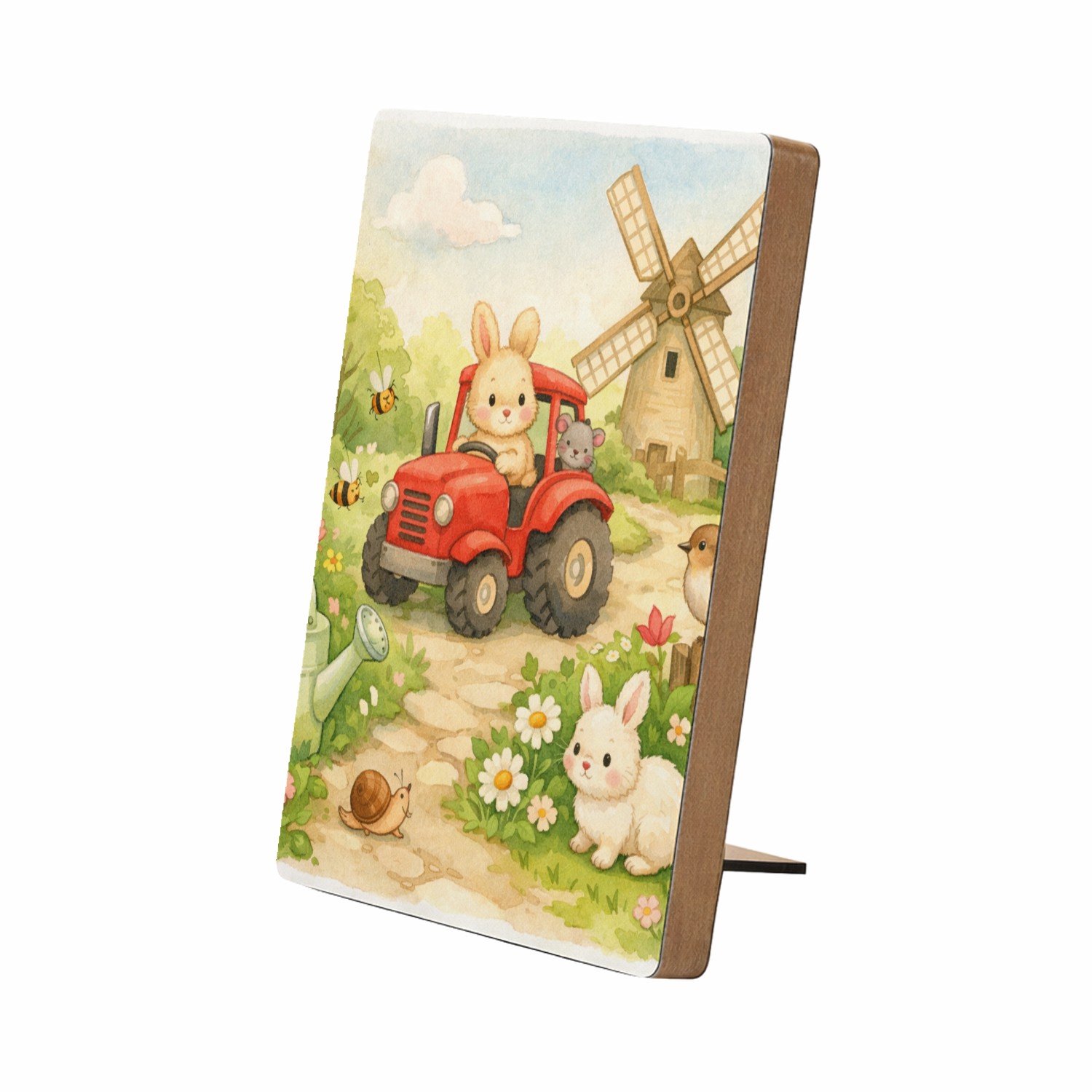 Mr Cadeautjes Glasframe/MDF 12,7 x 17,8 - design Een vrolijke tuinscène met een gieter, bijen, bloemen en kle | cadeau Wit