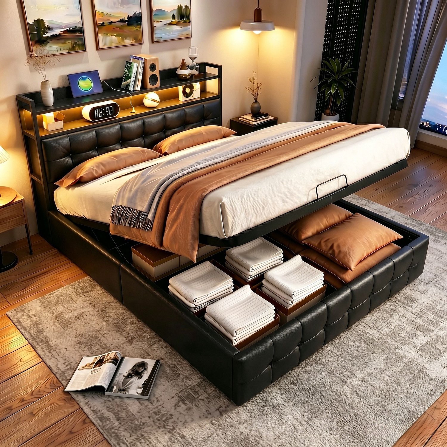 Mofor Gestoffeerd opbergbed 160x200 cm met lattenbodem - tweepersoonsbed met LED-verlichting en USB-poorten - kunstleren bekleding - zwart