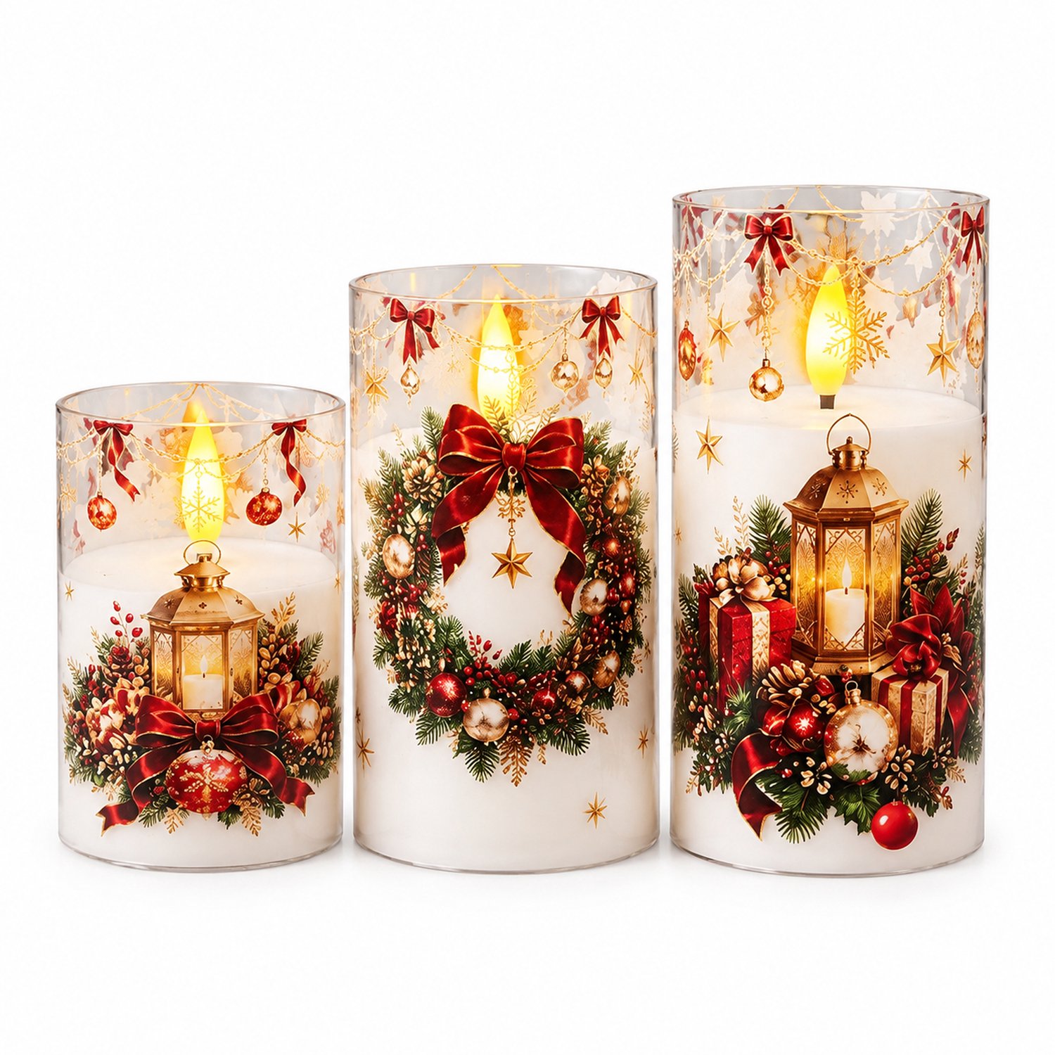 SWGOTA led kaarsen, set van 3, wit met kerstprint en warm licht, op batterijen, handmatige bediening, zonder batterijen