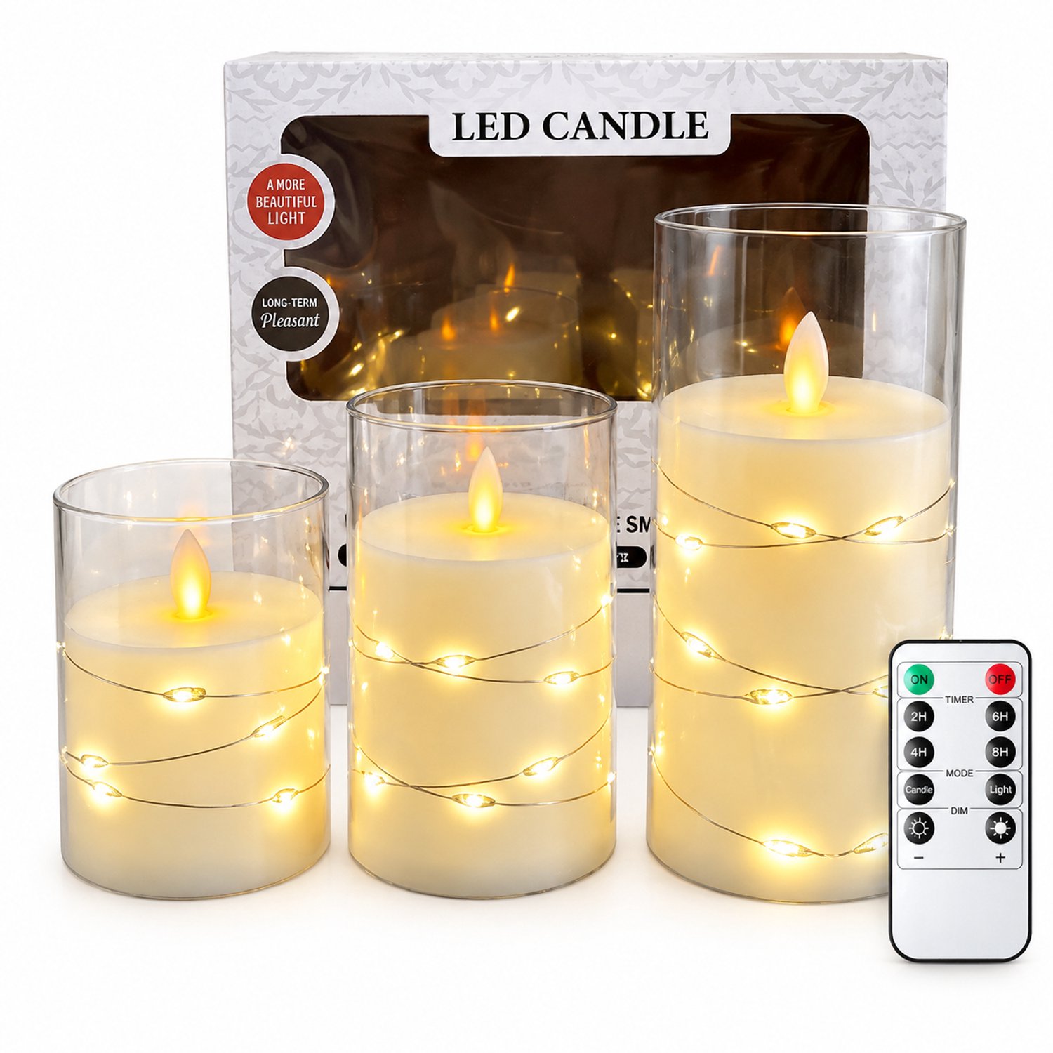 SWGOTA led kaarsen, set van 3 met vlakke rand, transparante omhulling, lichtsnoer en bewegende vlam, warm licht, op batterijen, inclusief afstandsbediening en vensterdoos Wit
