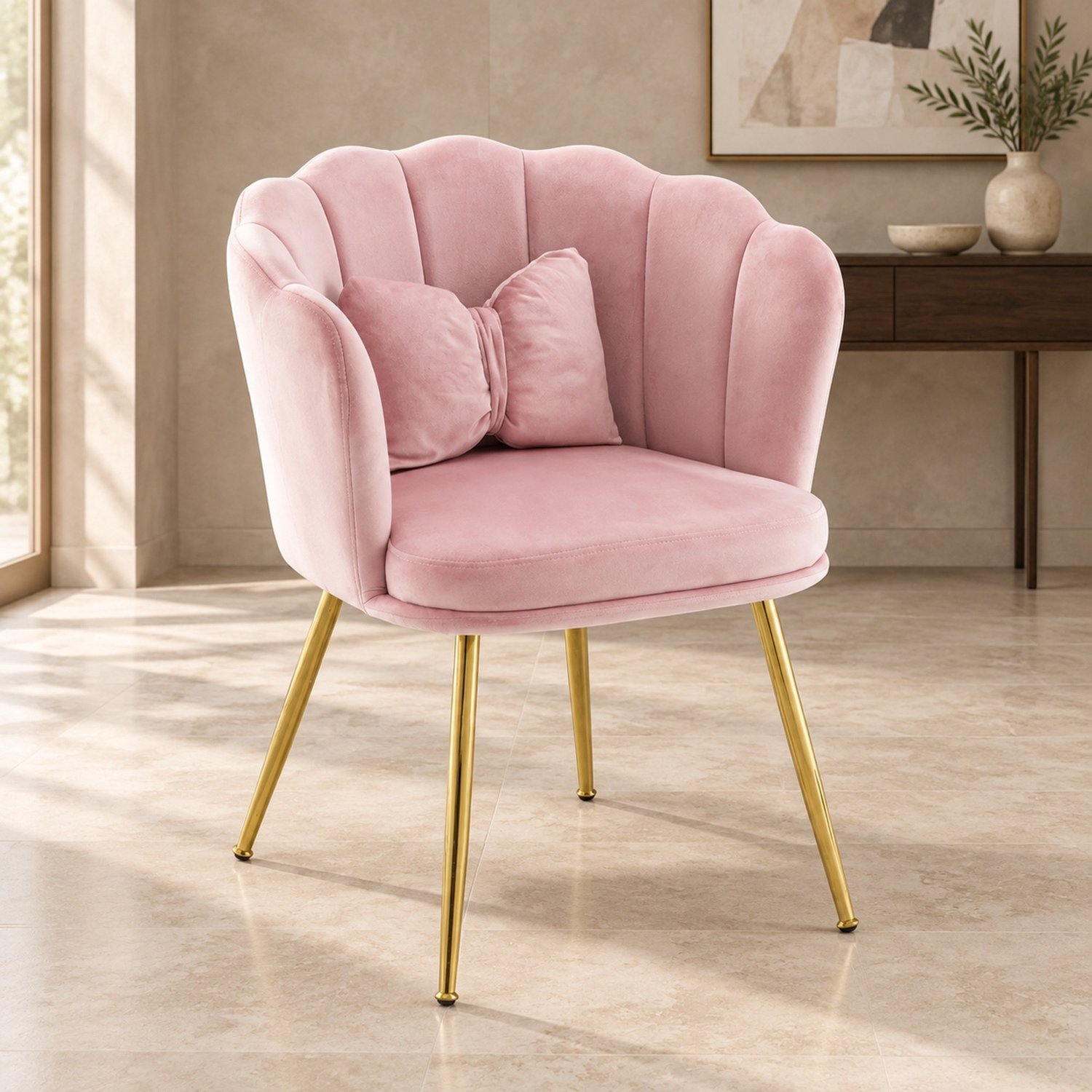 MODFU Set Van 6 Fauteuils - Bloemblad-Rugleuning - Fluweel - Roze - 63 X 58 X 77 Cm